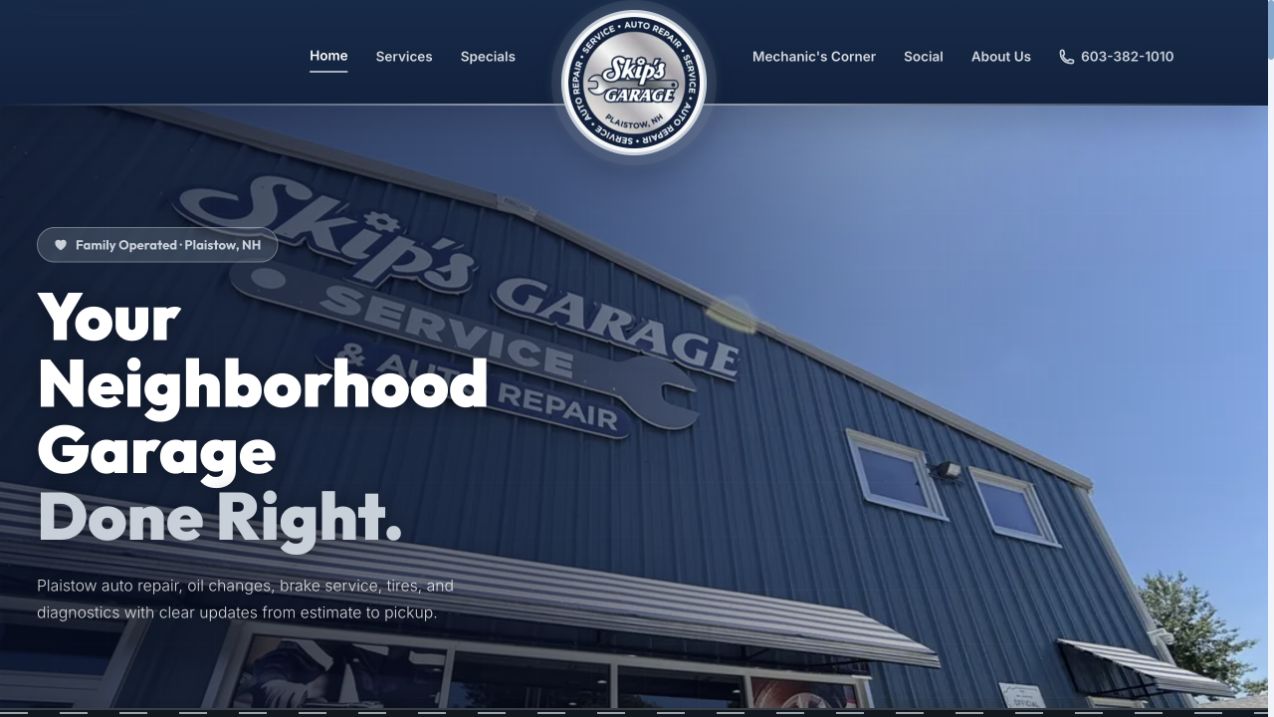 Skip's Garage desktop website homepage